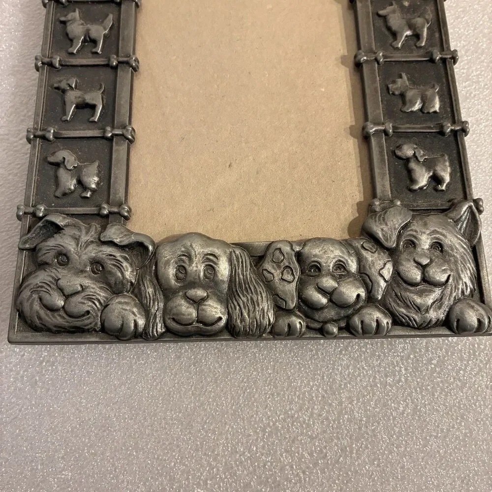 Pewter Picture Frame W/4 Dogs Faces & Trimmed W/ Dog Silhouette & Bones. 4”x6”